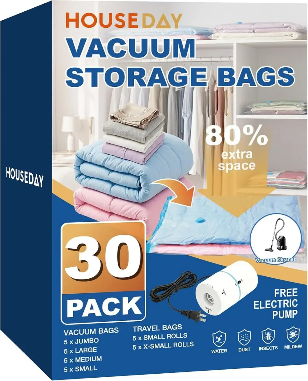 30 Pack Vacuum Storage Bags with Electric Pump, 4 Sizes + 2 Roll-Up (5 Each)